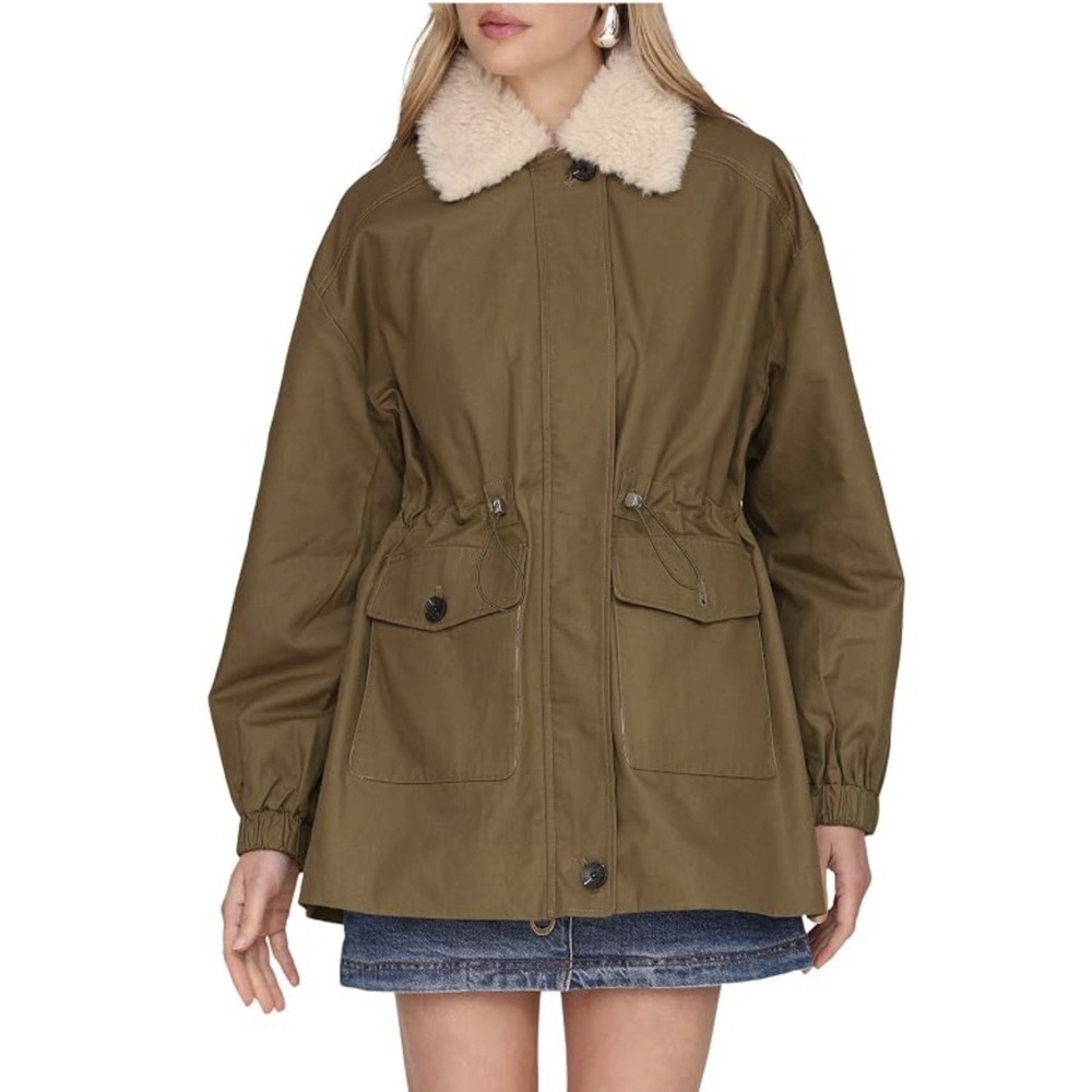 NWT Avec Les Filles Oversized Shearling Collar Utility Jacket Olive XS Utility